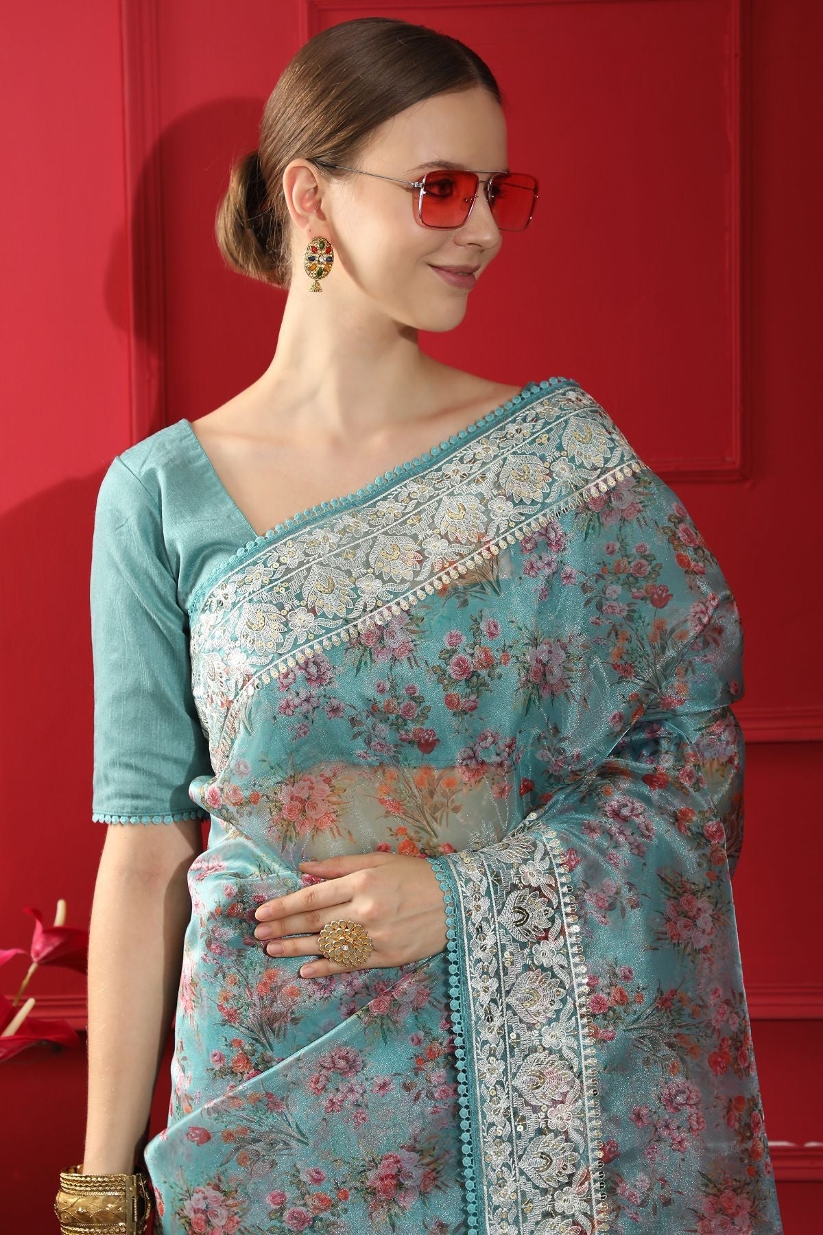 Morning Glory Blue Woven organza Silk Saree