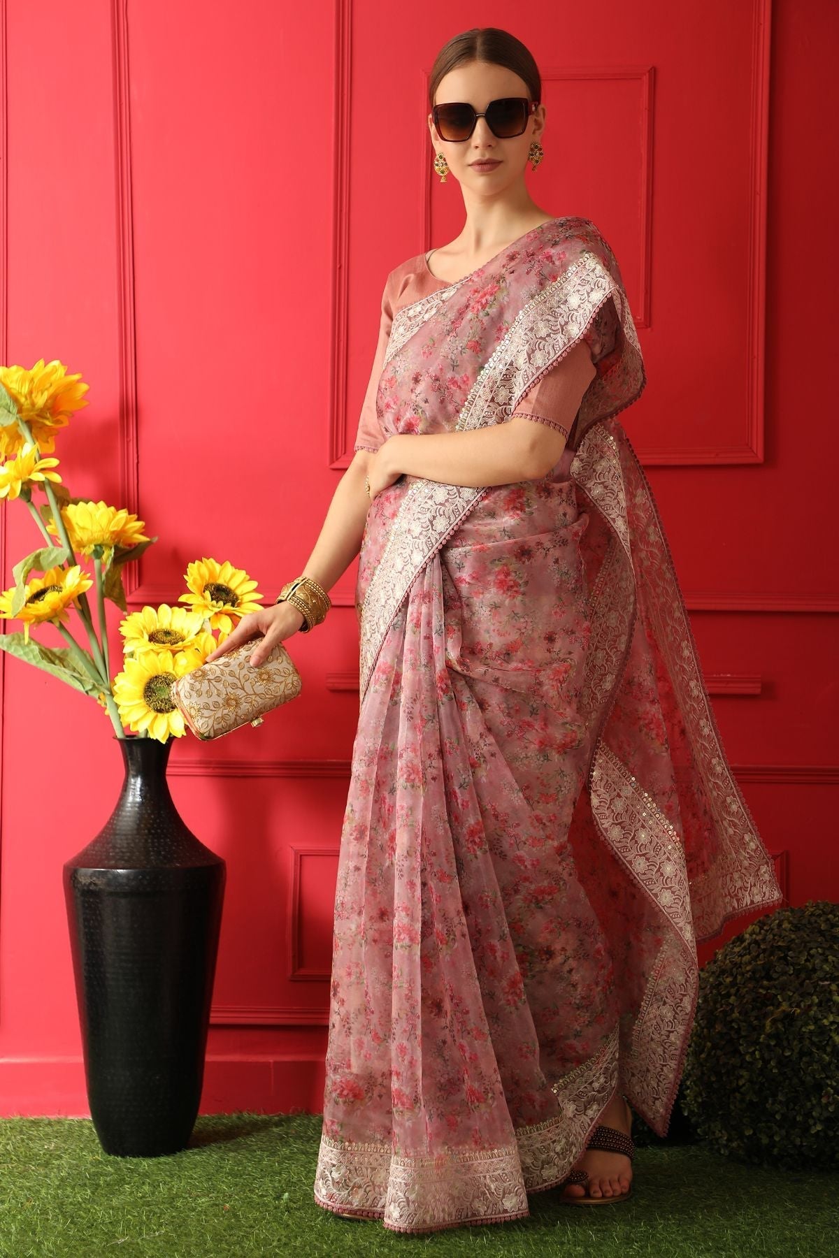 Turkish Rose Pink Woven organza Silk Saree