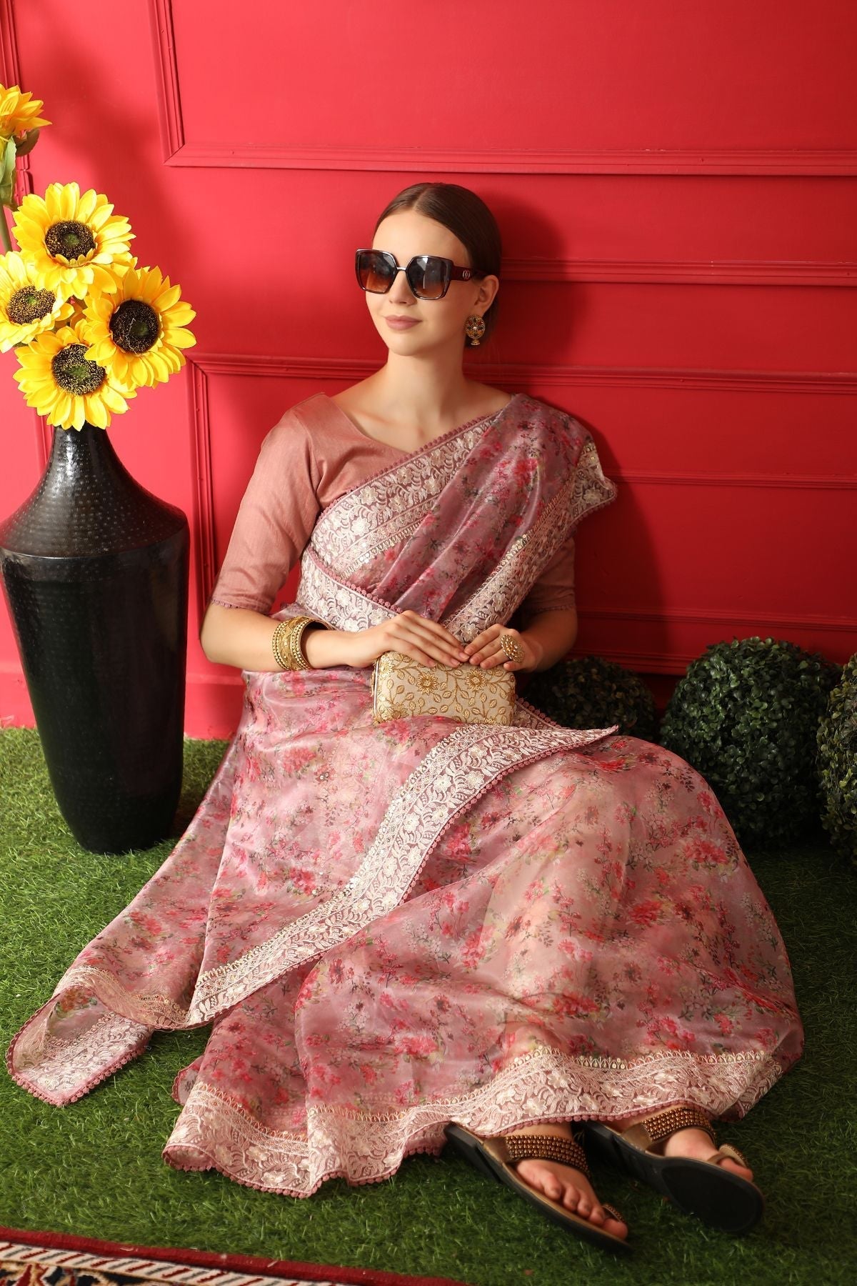 Turkish Rose Pink Woven organza Silk Saree