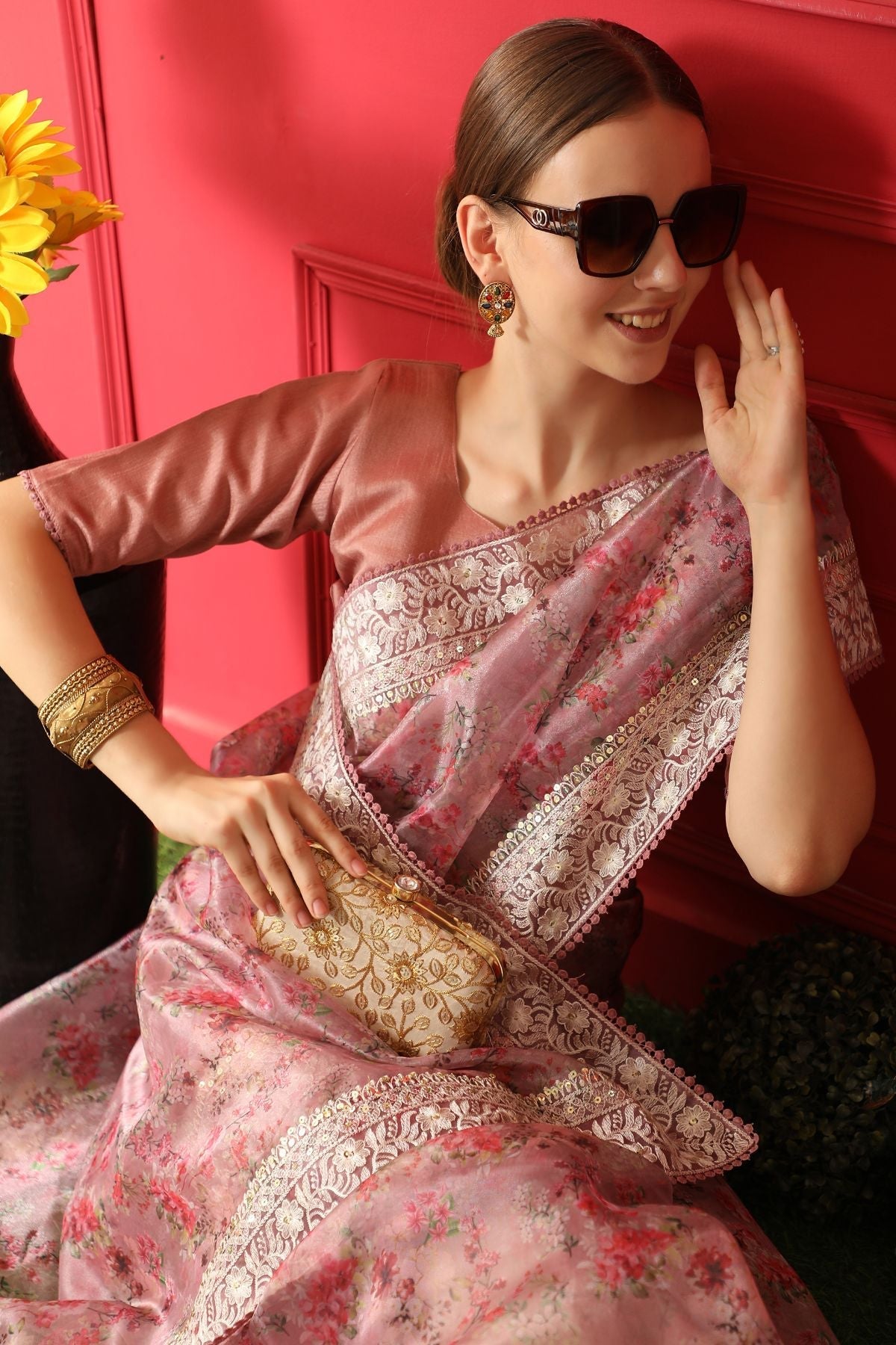 Turkish Rose Pink Woven organza Silk Saree