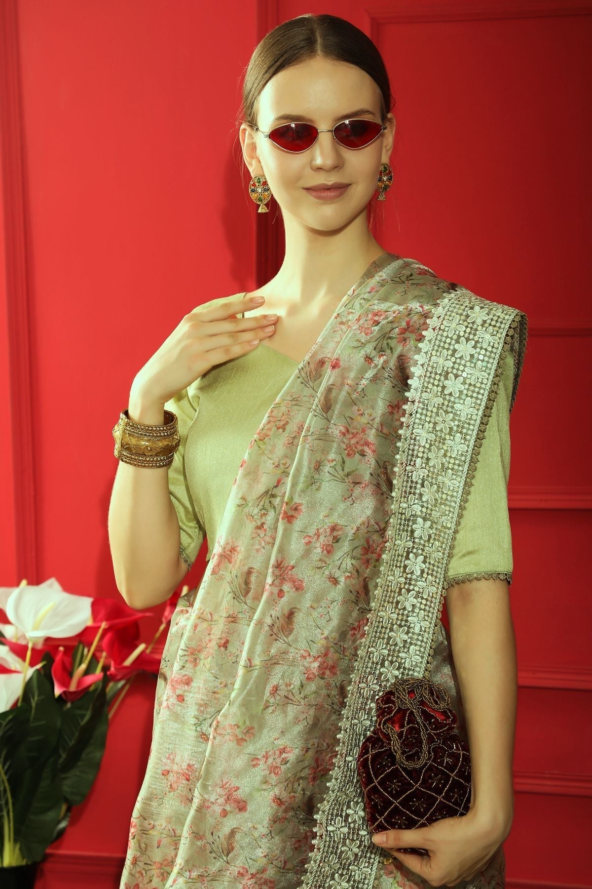 Leaf Green Woven organza Silk Saree