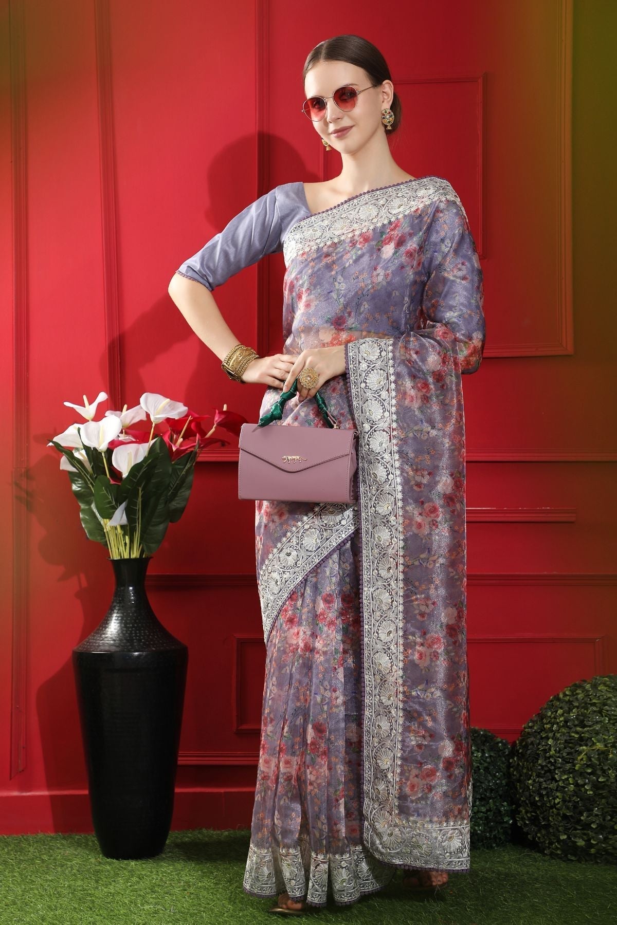 Mobster Purple Woven organza Silk Saree