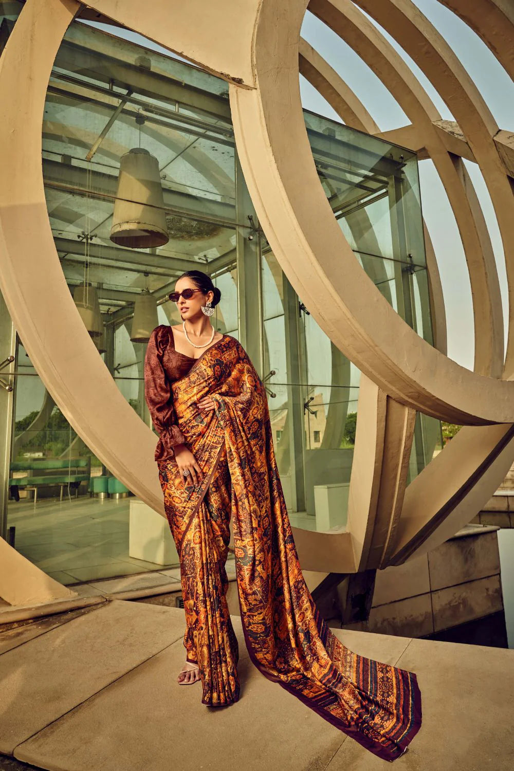 Brown Printed Satin Crepe Saree