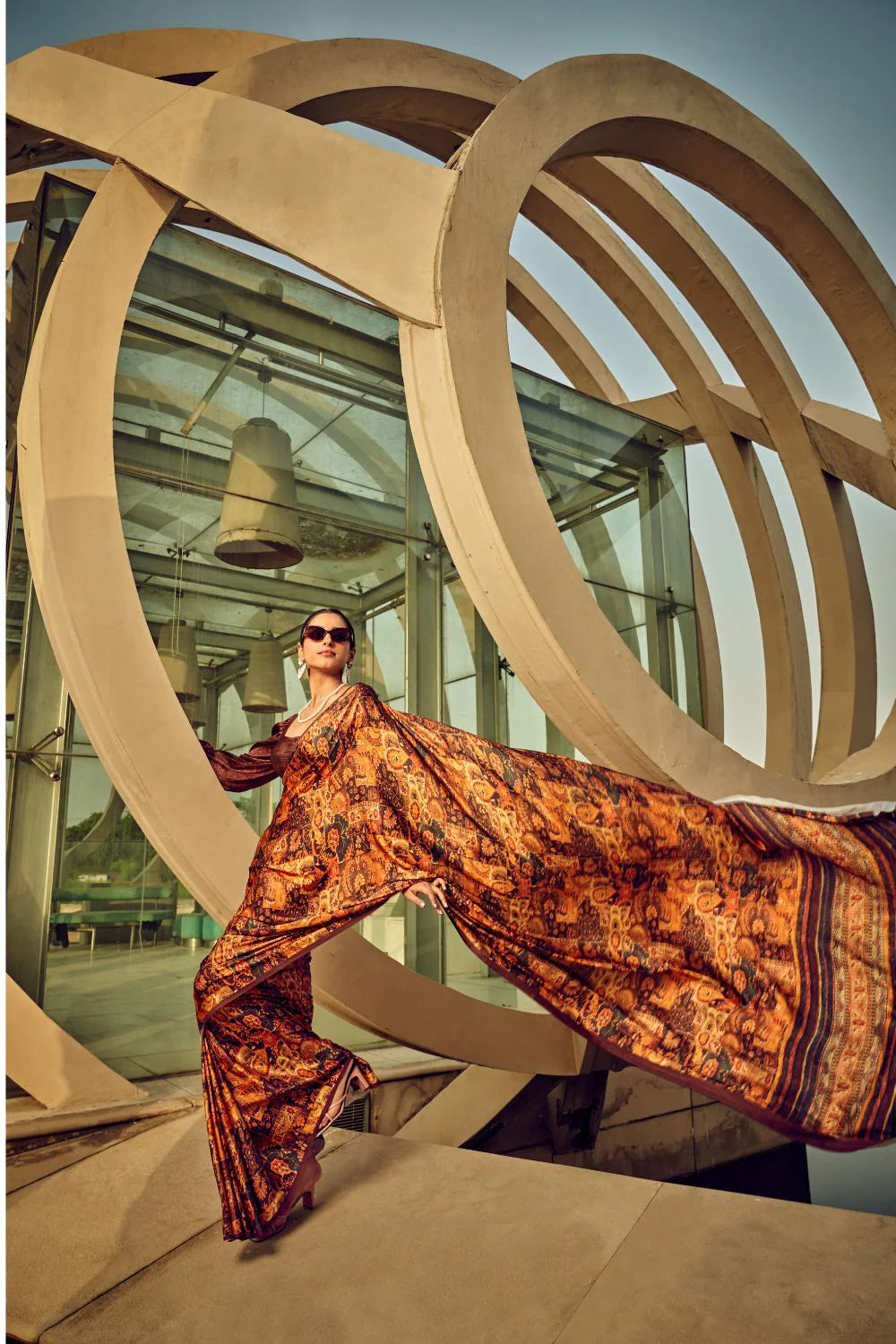 Brown Printed Satin Crepe Saree