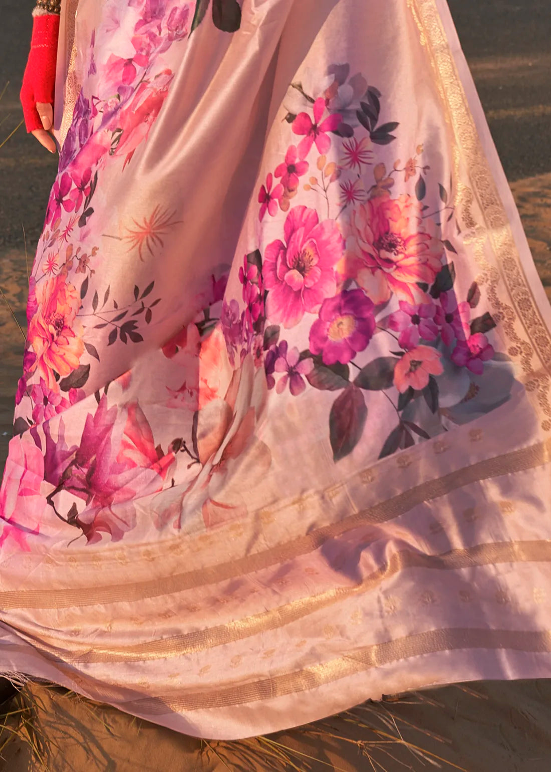 Baby Pink Color Tussar Silk Printed Handwoven Saree With Zari Pallu