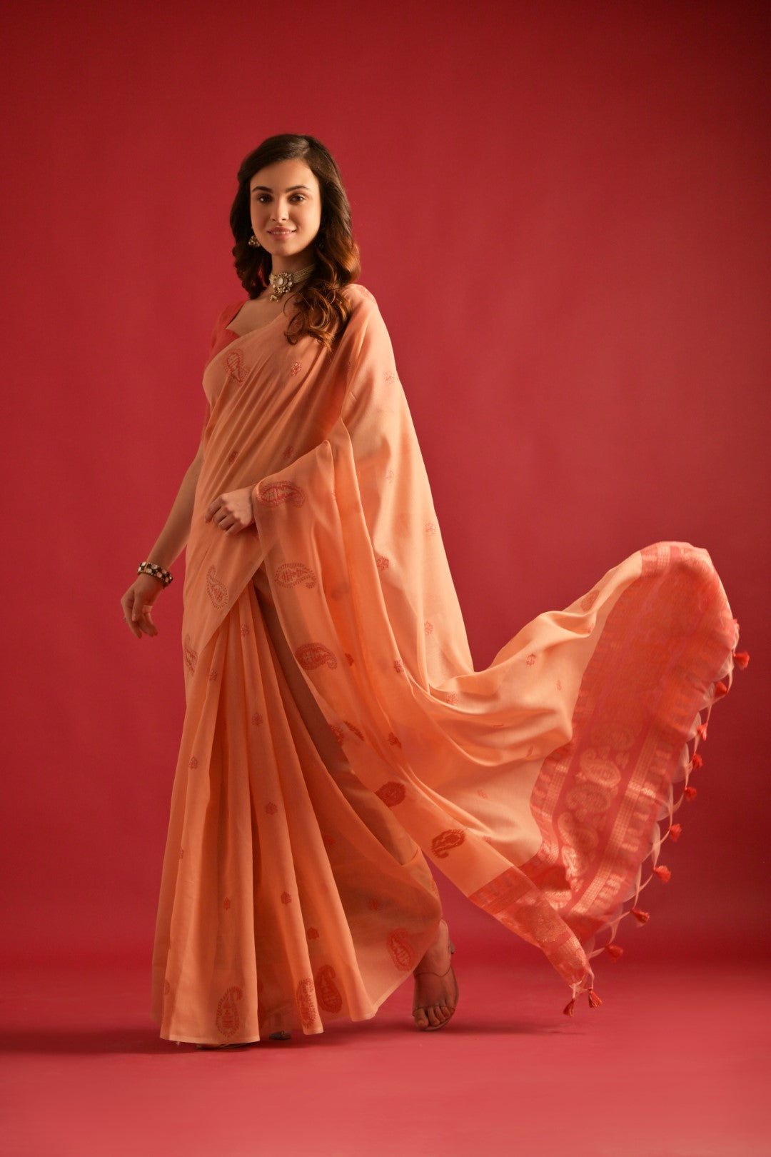 Blushing Peach Woven Mul Cotton Saree