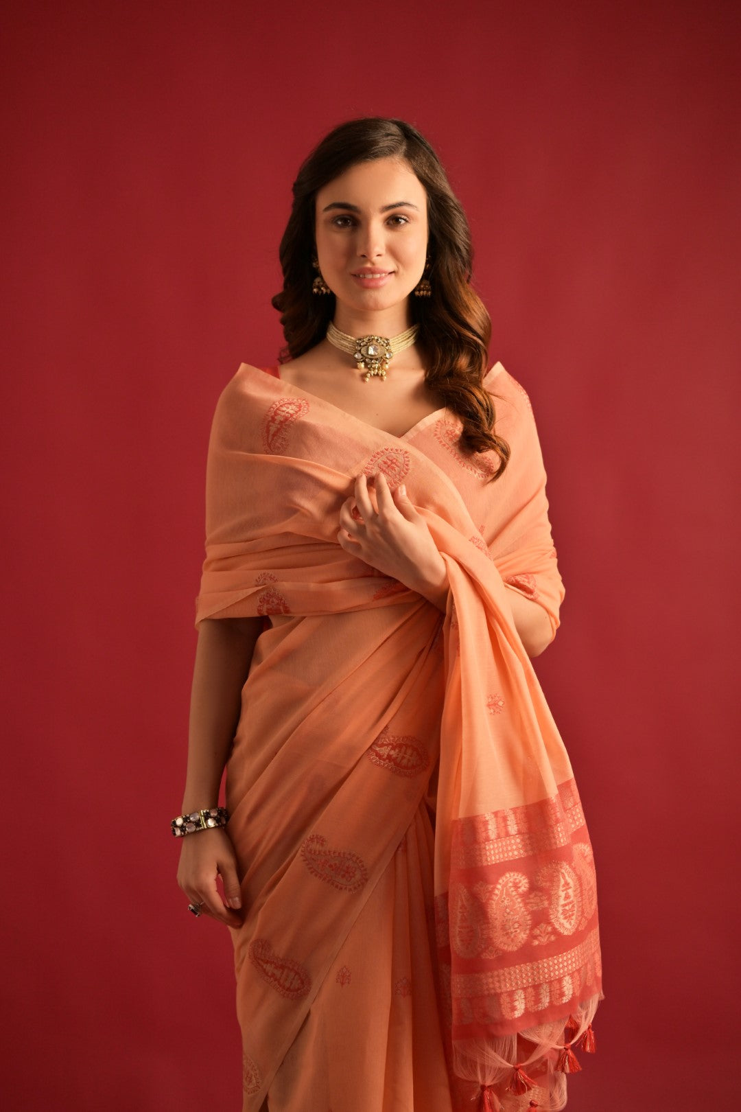 Blushing Peach Woven Mul Cotton Saree