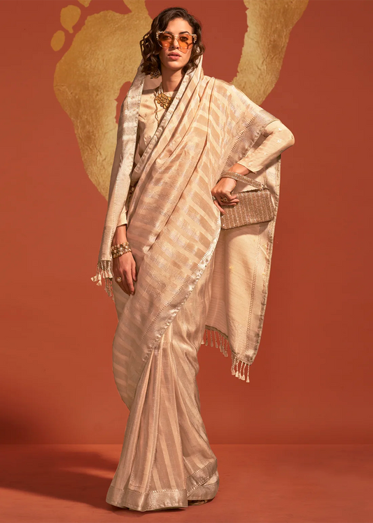 Cream Banarasi Handloom Silk Saree