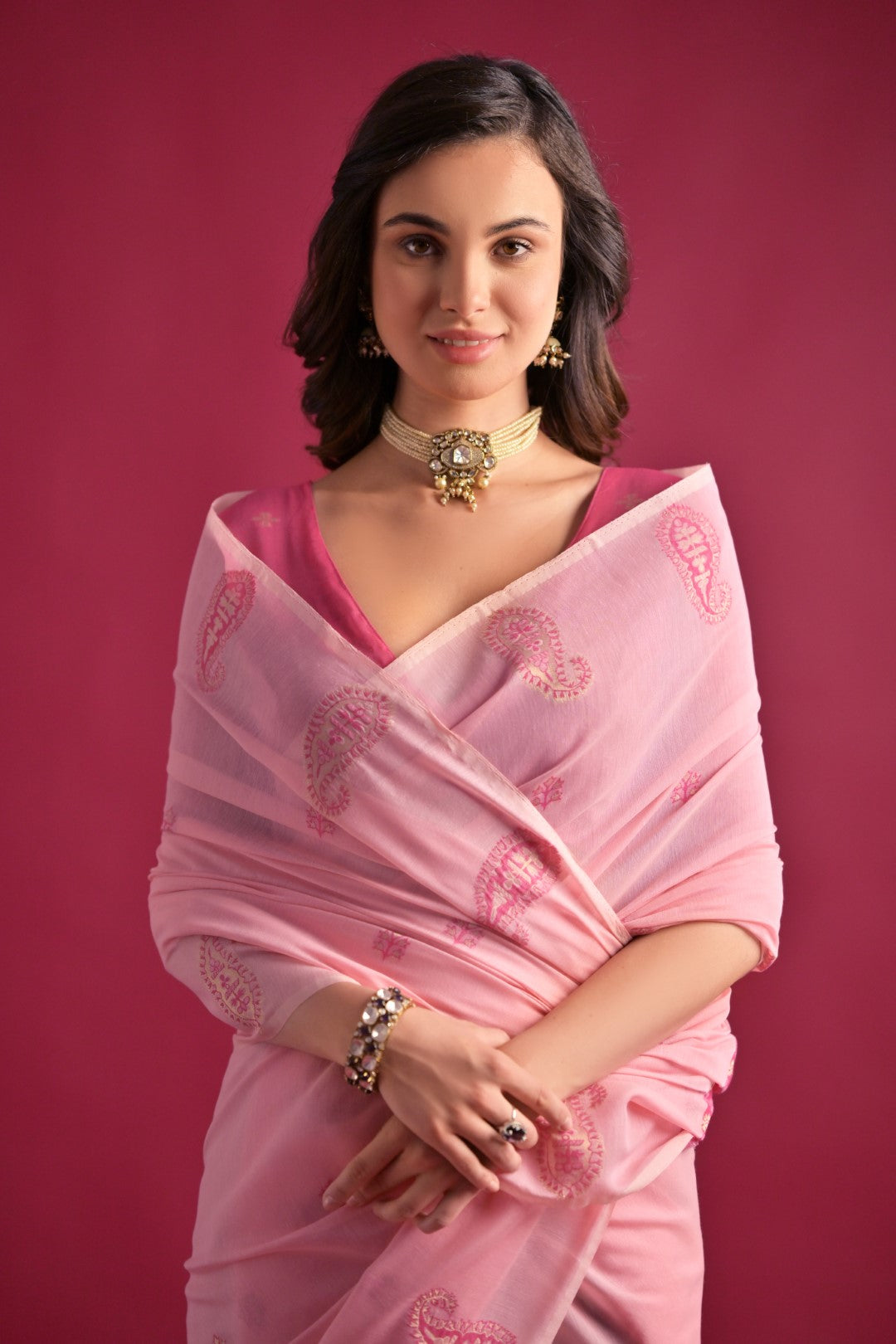 Beauty Pink Woven Mul Cotton Saree