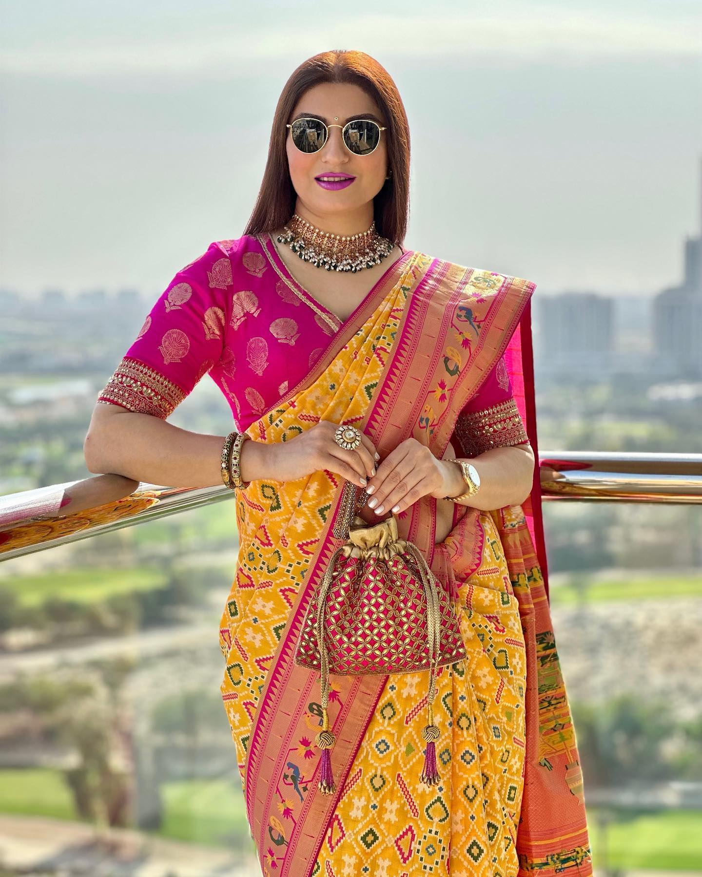 Daisy Yellow and Pink Paithani Patola Fusion Silk Saree