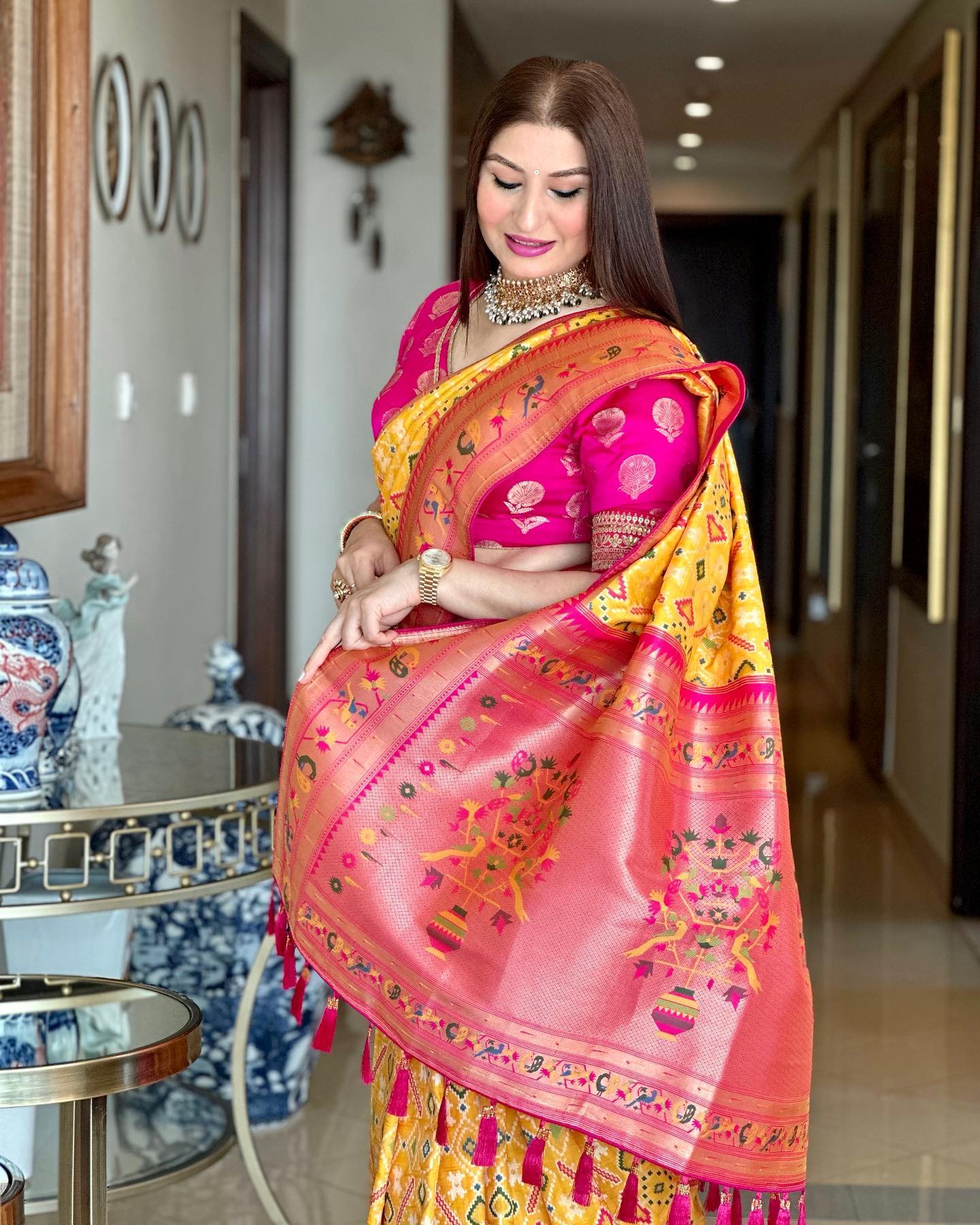 Daisy Yellow and Pink Paithani Patola Fusion Silk Saree