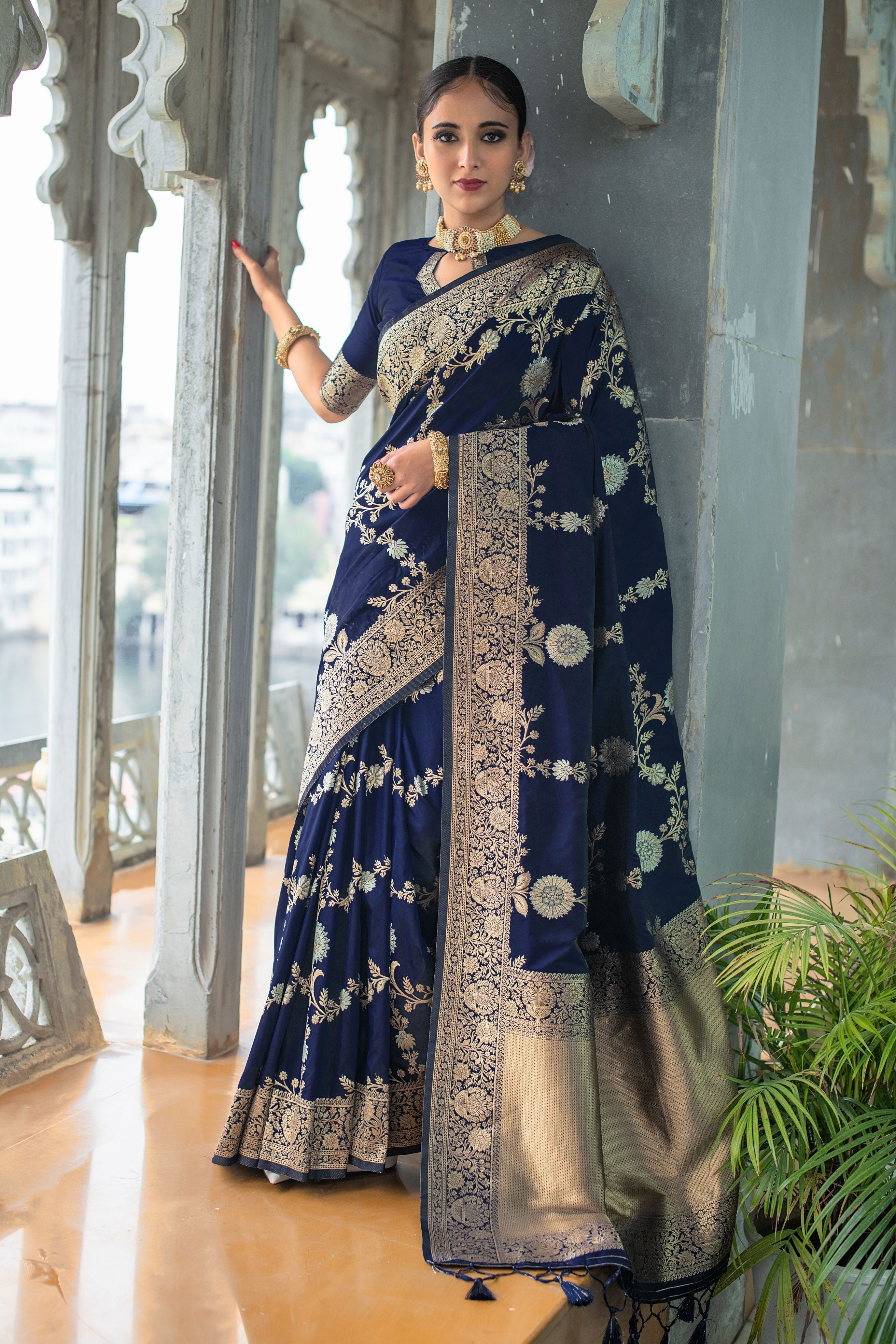 Big Stone Blue Woven Banarasi Silk Saree