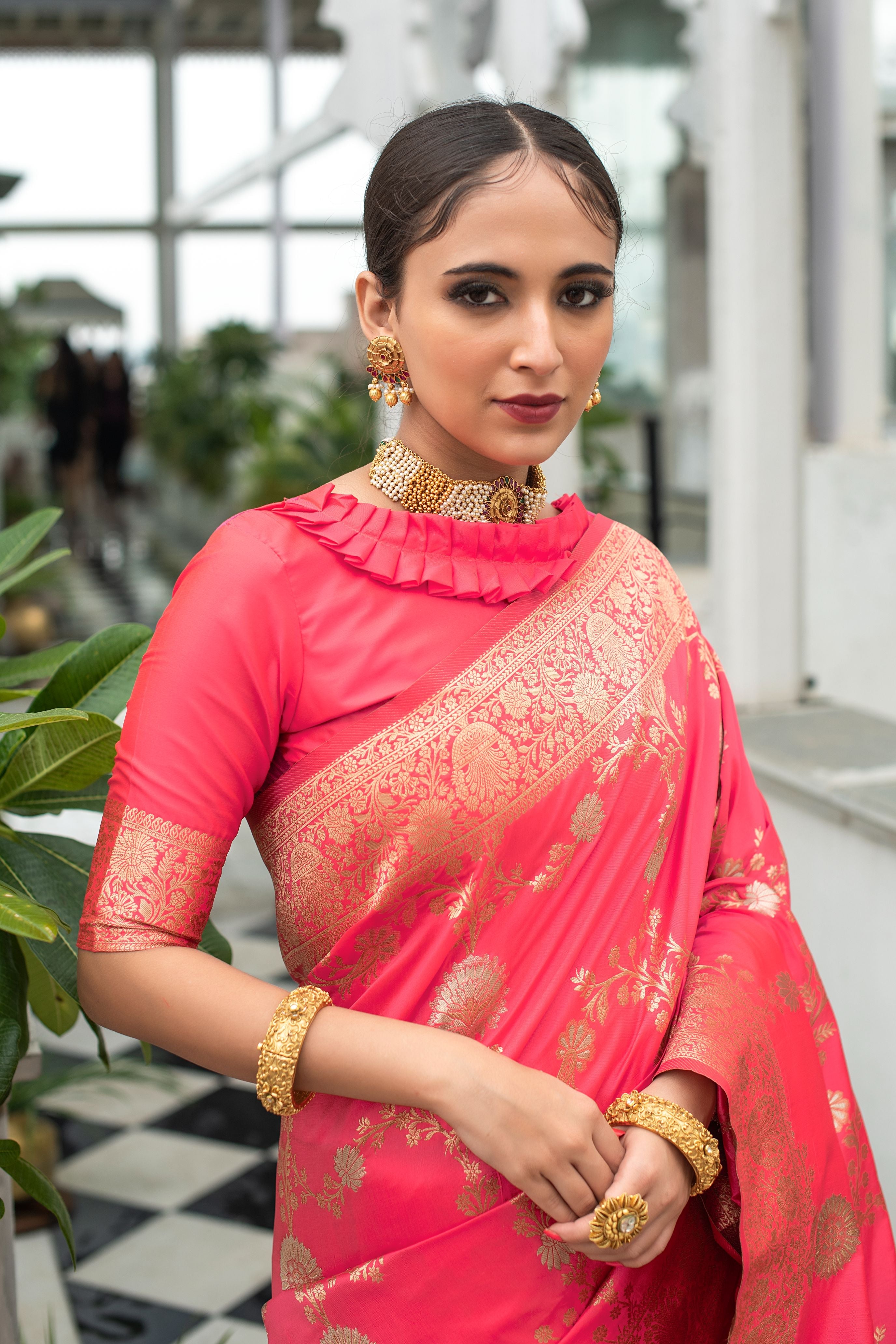 Fiery Rose Pink Woven Banarasi Silk Saree