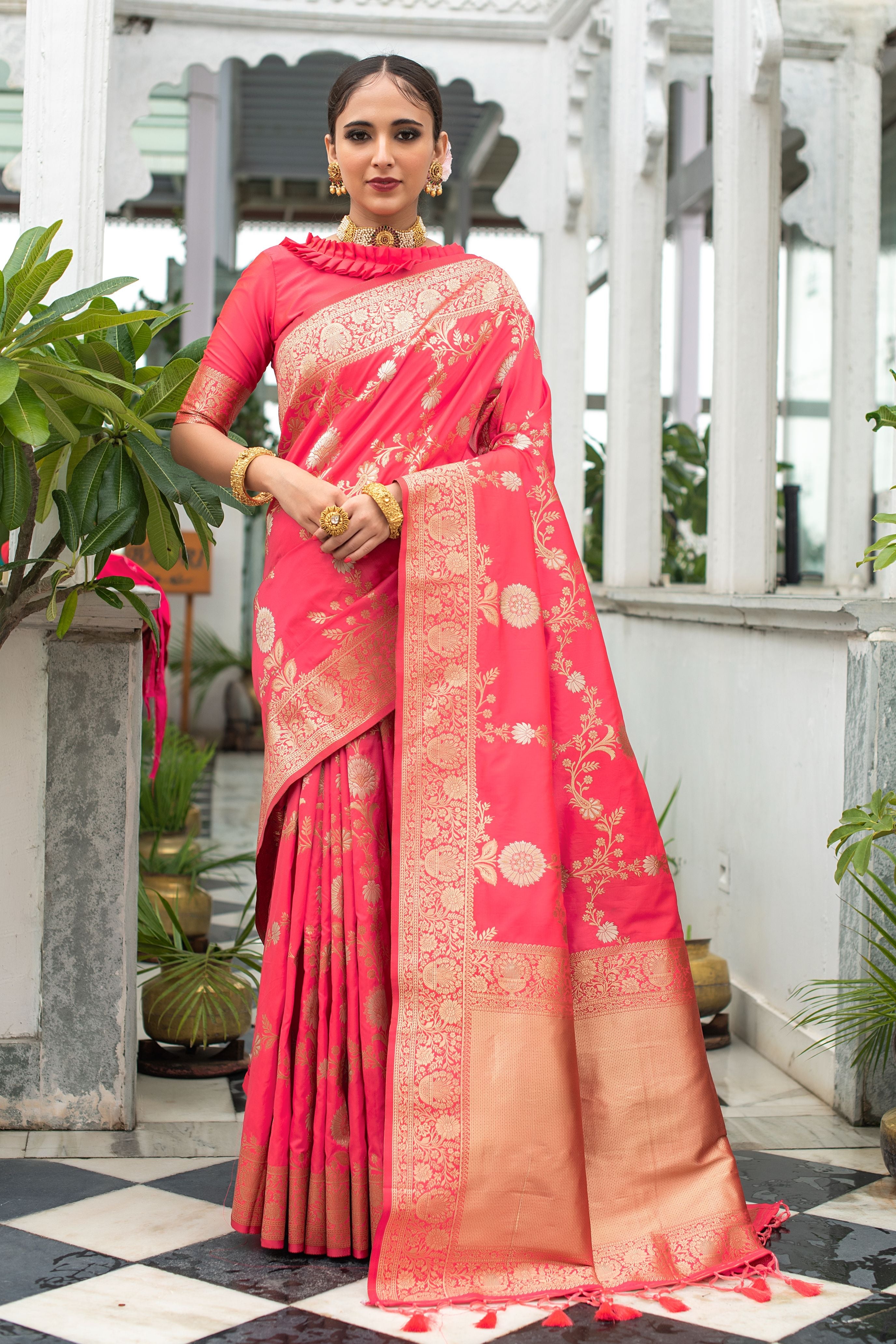 Fiery Rose Pink Woven Banarasi Silk Saree