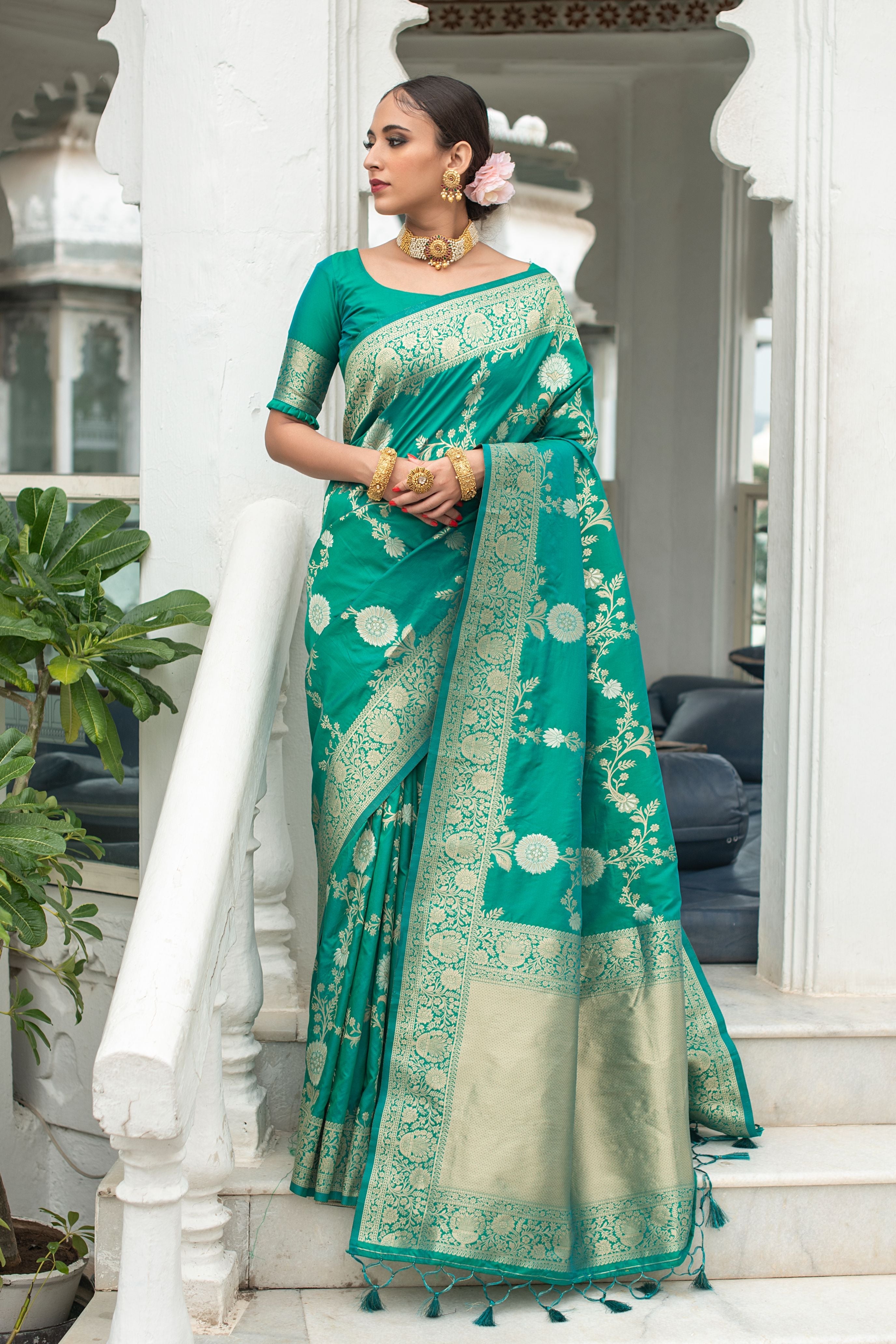 Pine Green Woven Banarasi Silk Saree