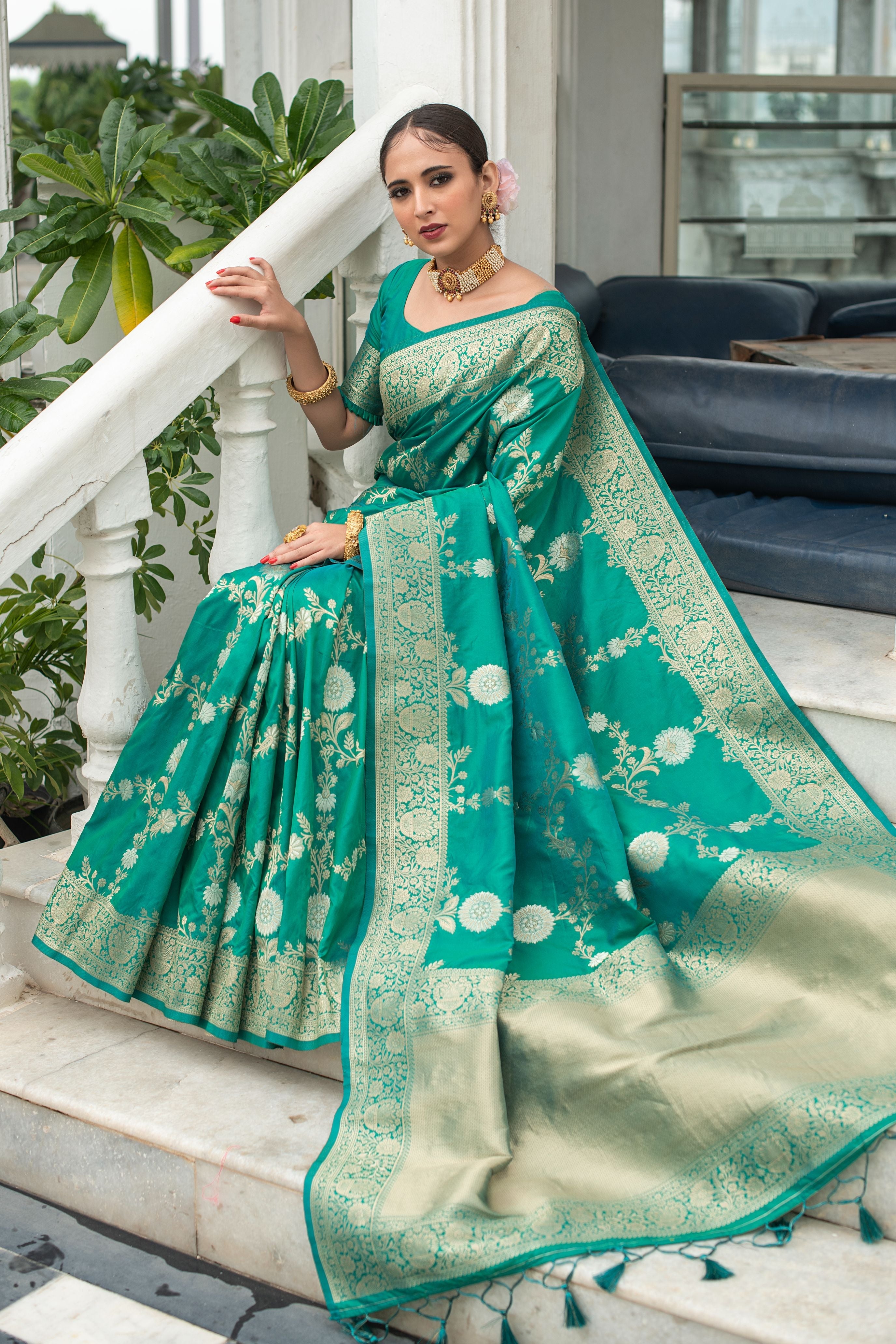 Pine Green Woven Banarasi Silk Saree