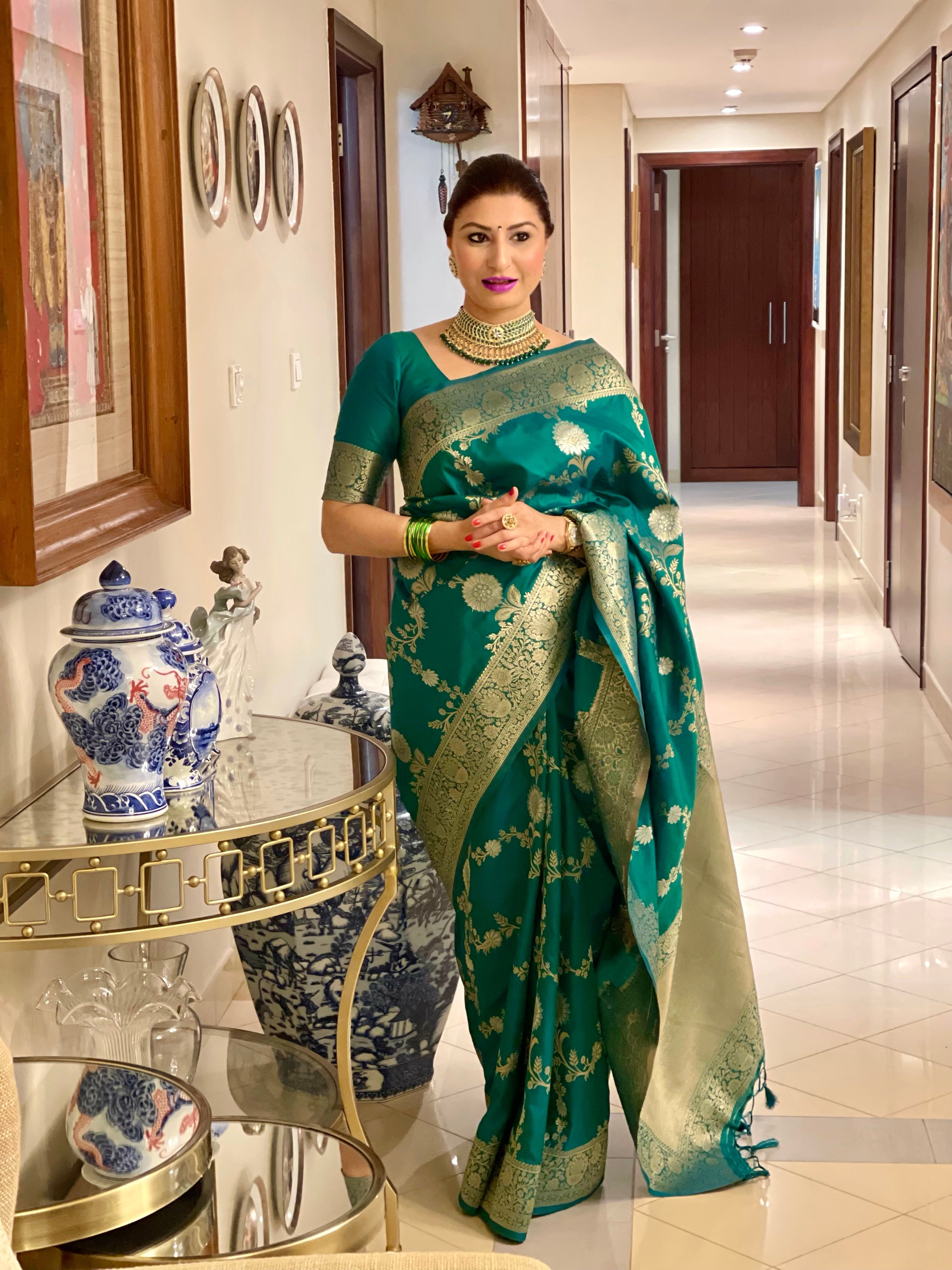 Pine Green Woven Banarasi Silk Saree