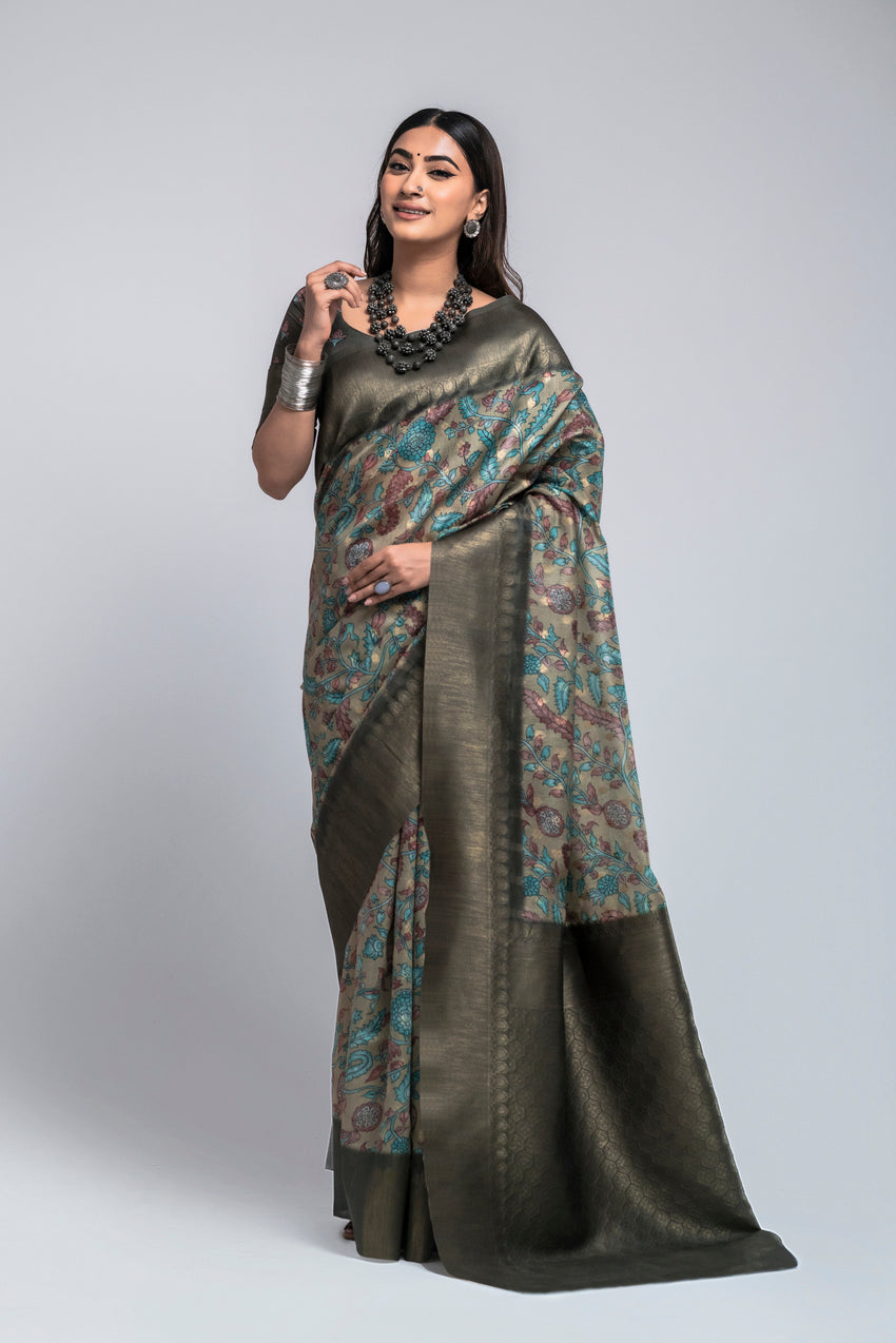 Pine Cone Grey Digital Printed Kalamkari Saree