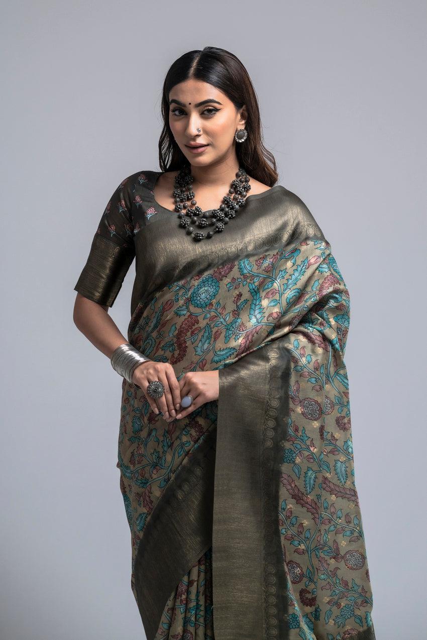 Pine Cone Grey Digital Printed Kalamkari Saree