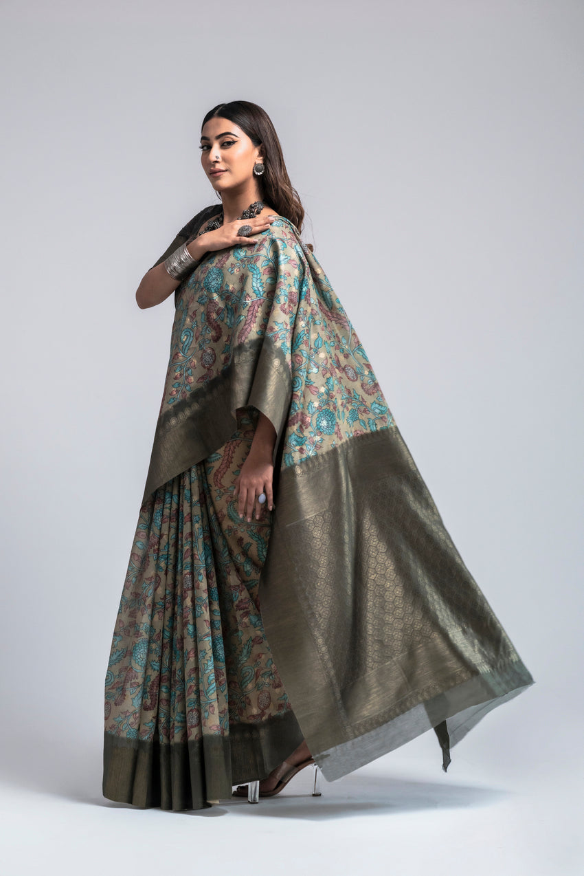 Pine Cone Grey Digital Printed Kalamkari Saree