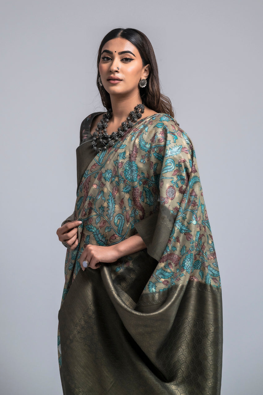 Pine Cone Grey Digital Printed Kalamkari Saree