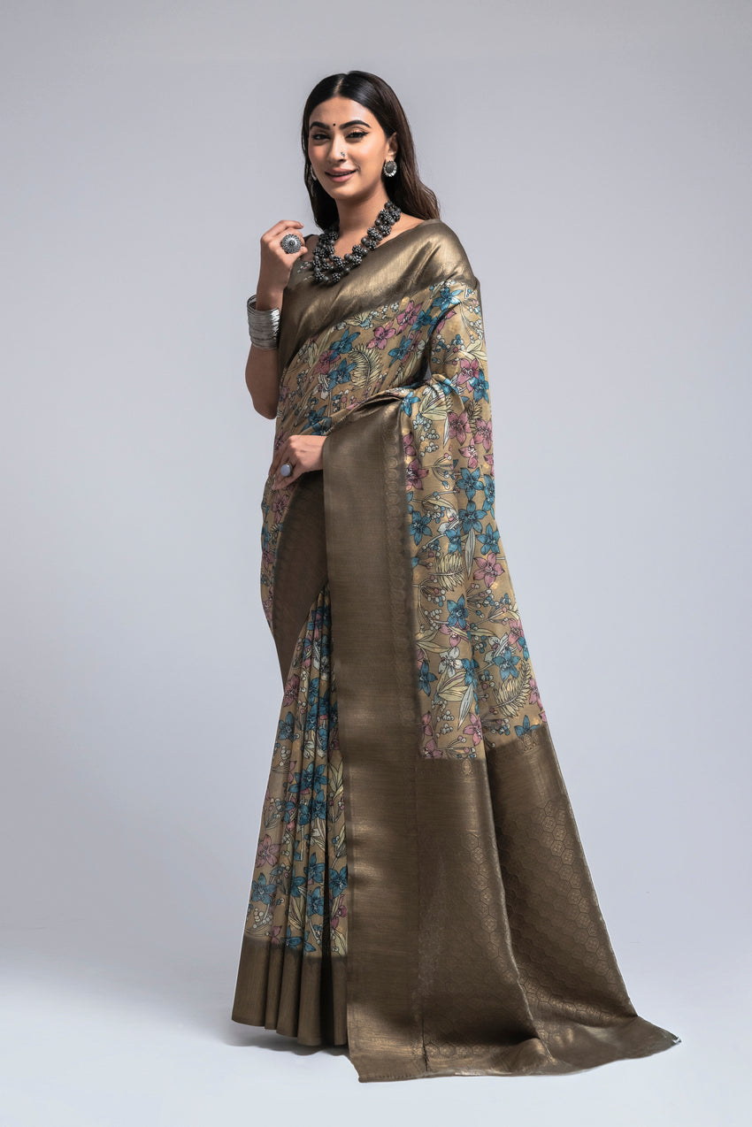 Misty Brown Digital Printed Kalamkari Saree