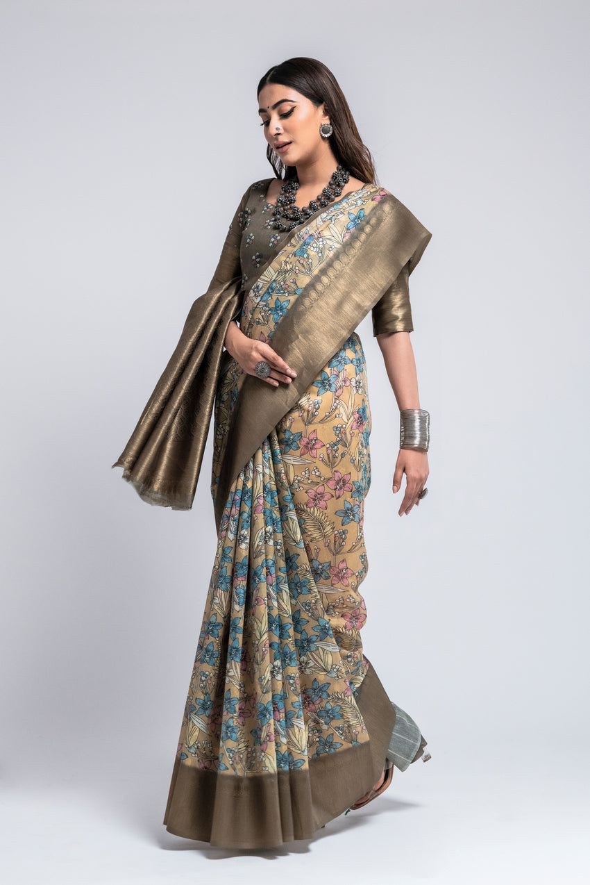 Misty Brown Digital Printed Kalamkari Saree