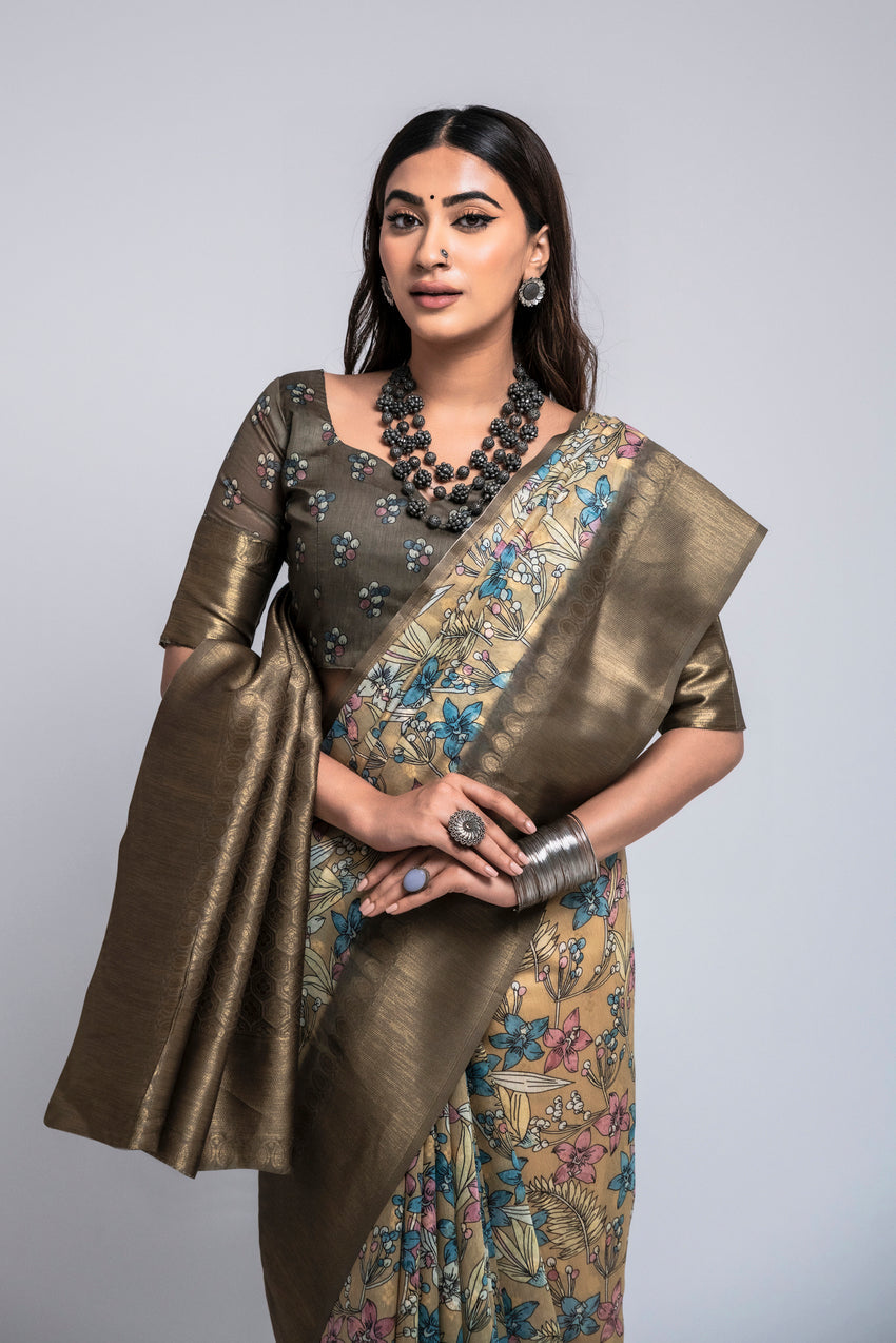 Misty Brown Digital Printed Kalamkari Saree