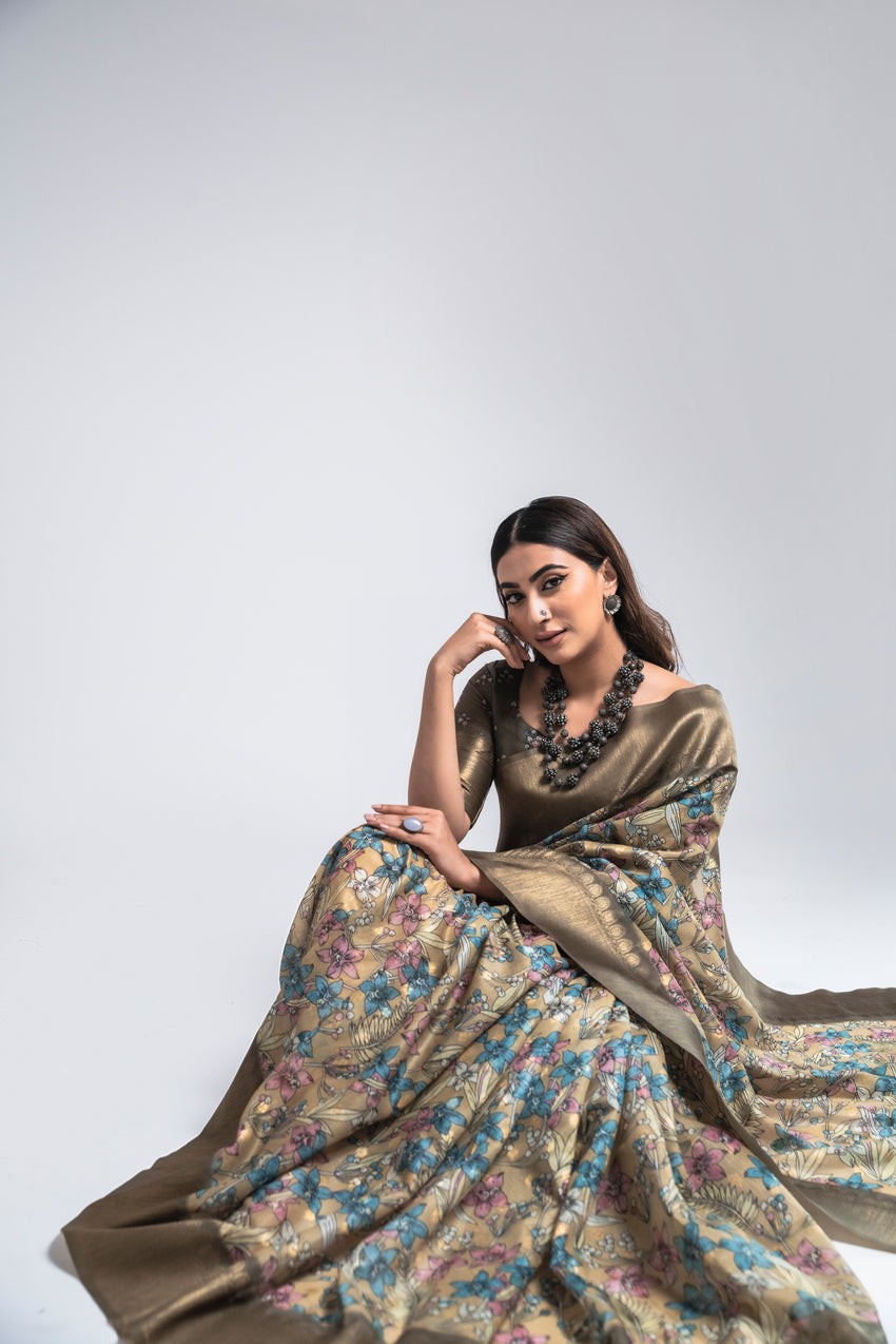 Misty Brown Digital Printed Kalamkari Saree