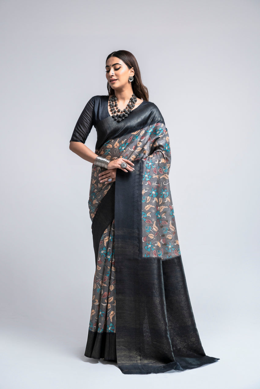 Trout Blue Digital Printed Kalamkari Saree