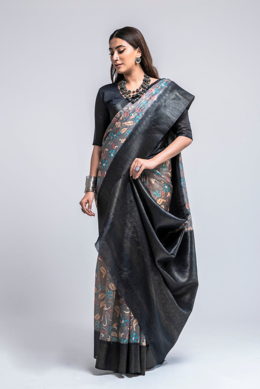 Trout Blue Digital Printed Kalamkari Saree