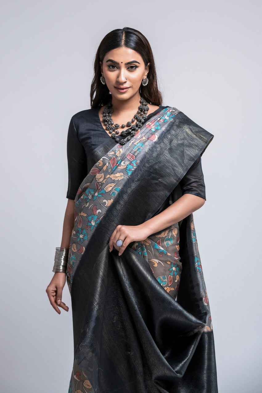 Trout Blue Digital Printed Kalamkari Saree