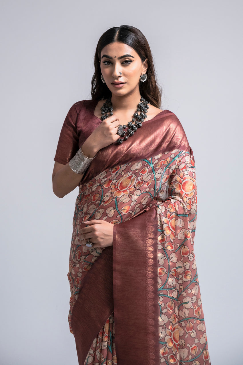 Spicy Mix Maroon Digital Printed Kalamkari Saree