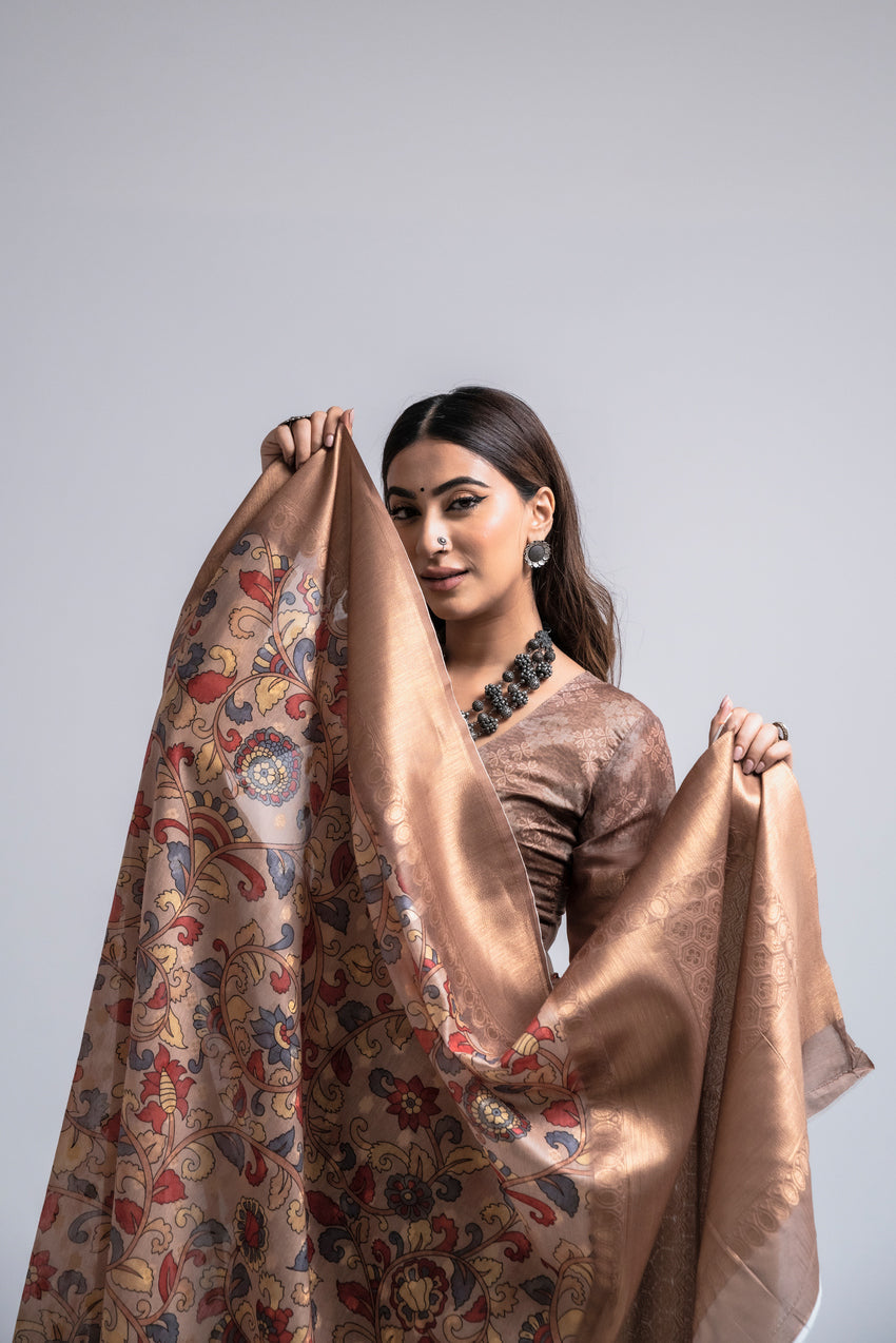 Tumbleweed Brown Digital Printed Kalamkari Saree