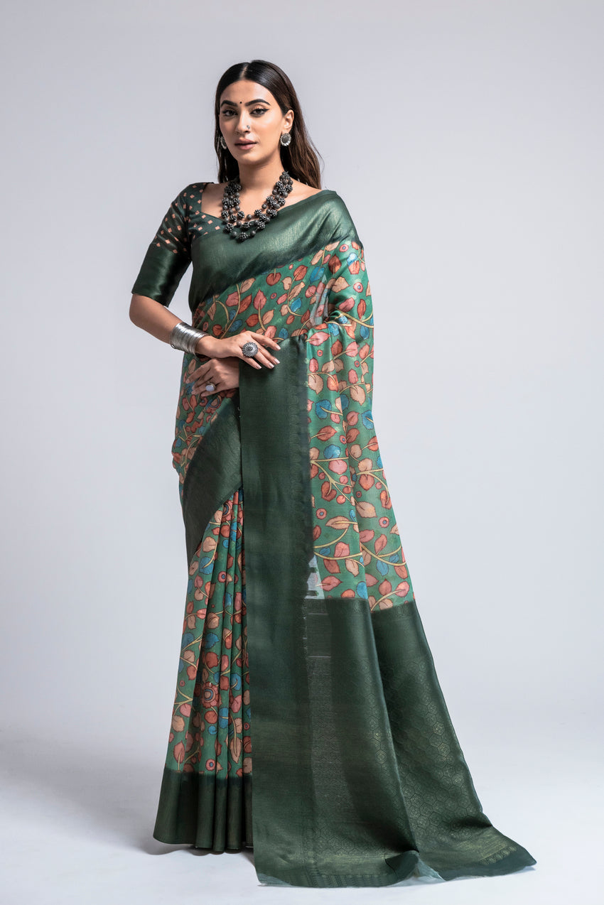 Lunar Green Digital Printed Kalamkari Saree