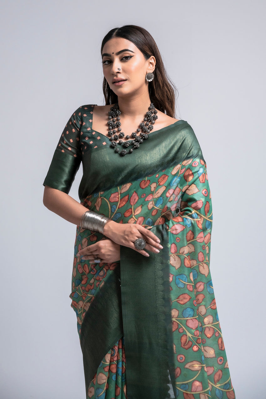 Lunar Green Digital Printed Kalamkari Saree