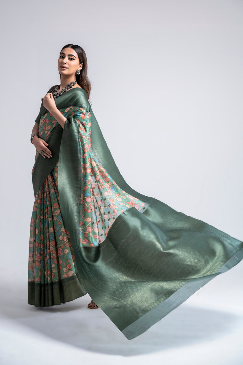 Lunar Green Digital Printed Kalamkari Saree