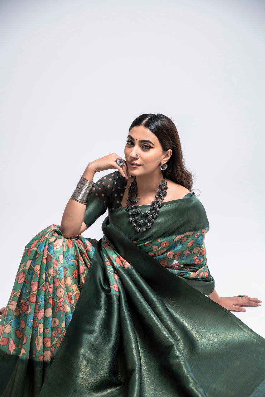 Lunar Green Digital Printed Kalamkari Saree