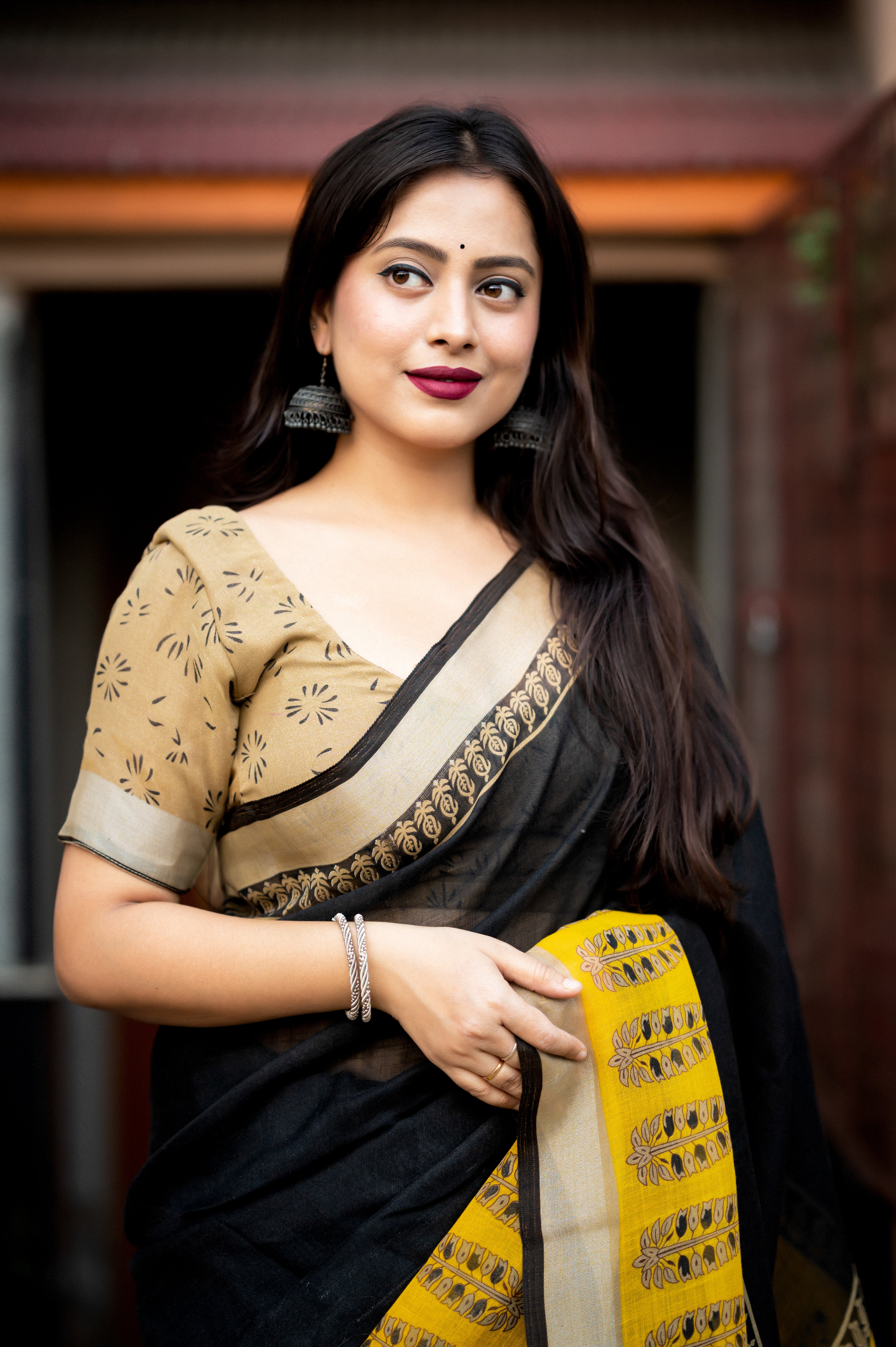 Black And Yellow Soft Linen Saree With Silver Pattu Border