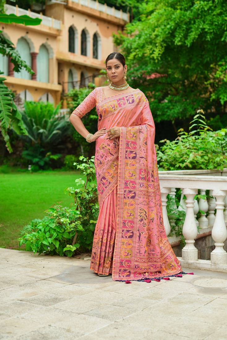 Deep Blush Peach Kashmiri Woven Banarasi Silk Saree