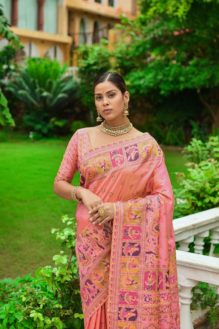 Deep Blush Peach Kashmiri Woven Banarasi Silk Saree