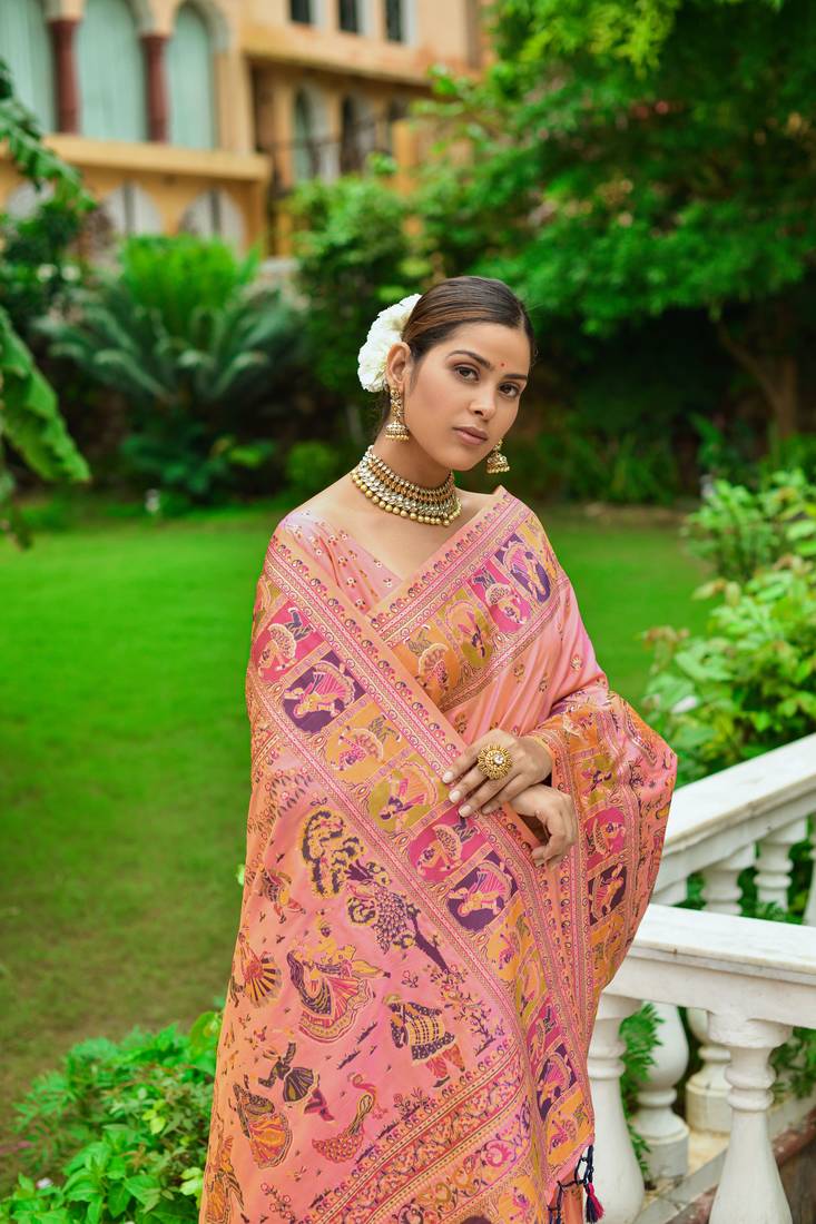 Deep Blush Peach Kashmiri Woven Banarasi Silk Saree