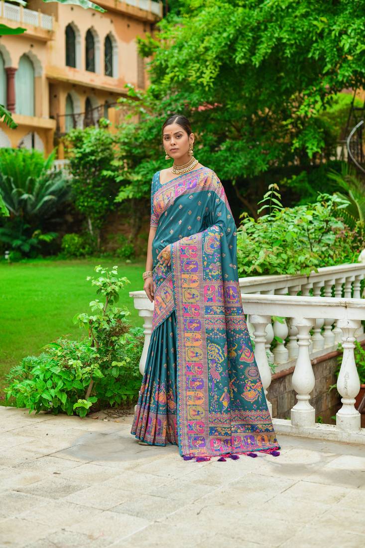 Calypso Blue Kashmiri Woven Banarasi Silk Saree