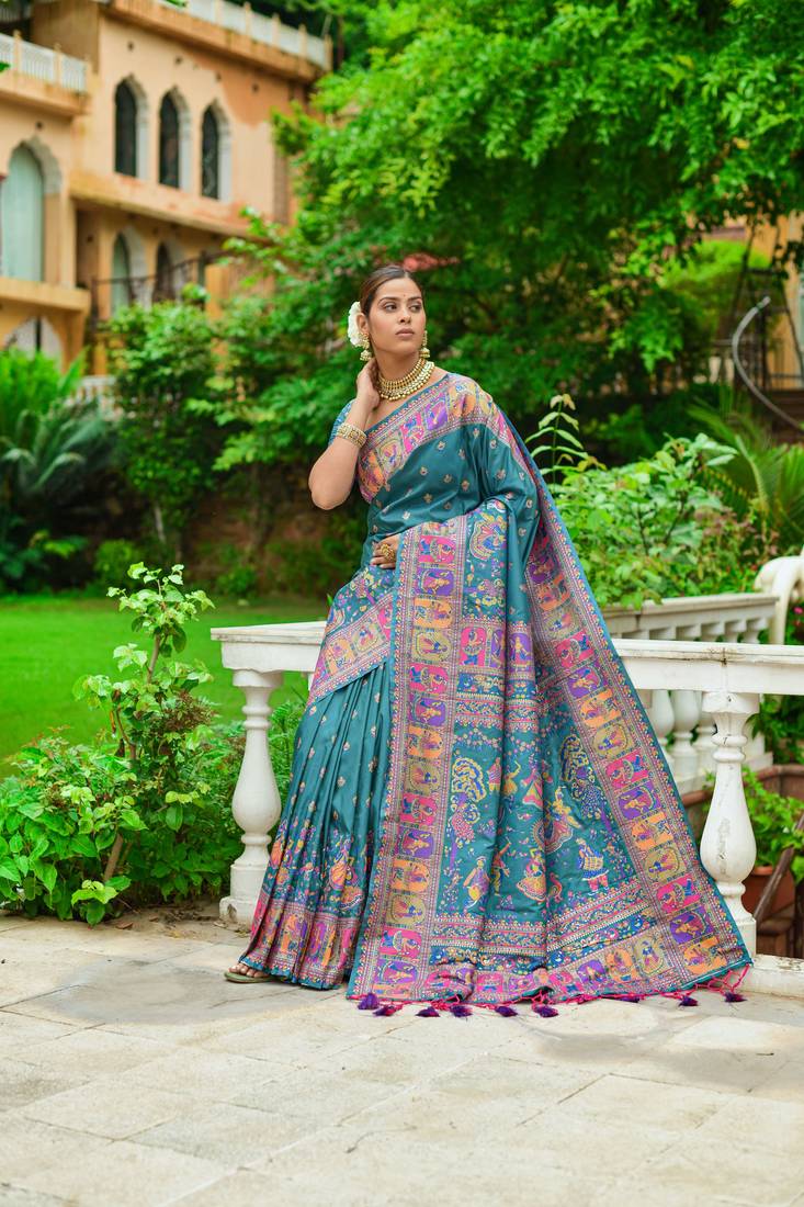 Calypso Blue Kashmiri Woven Banarasi Silk Saree