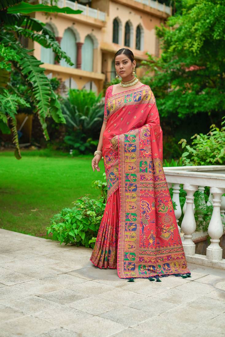 Salmon Red Kashmiri Woven Banarasi Silk Saree