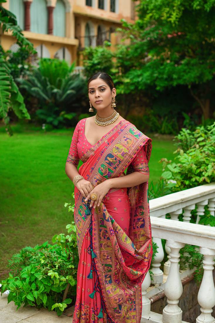 Salmon Red Kashmiri Woven Banarasi Silk Saree