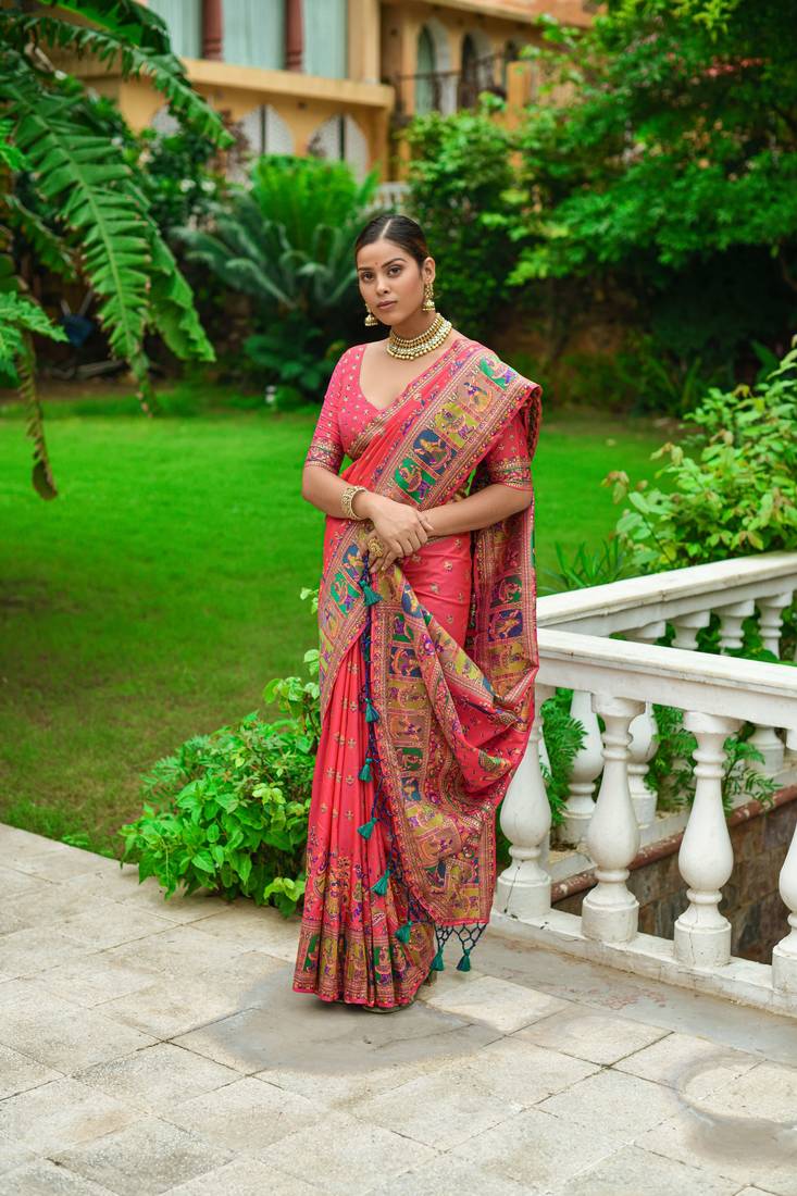 Salmon Red Kashmiri Woven Banarasi Silk Saree