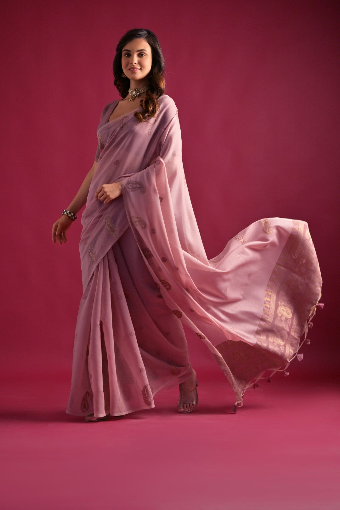 Rose Purple Shade Woven Mul Cotton Saree