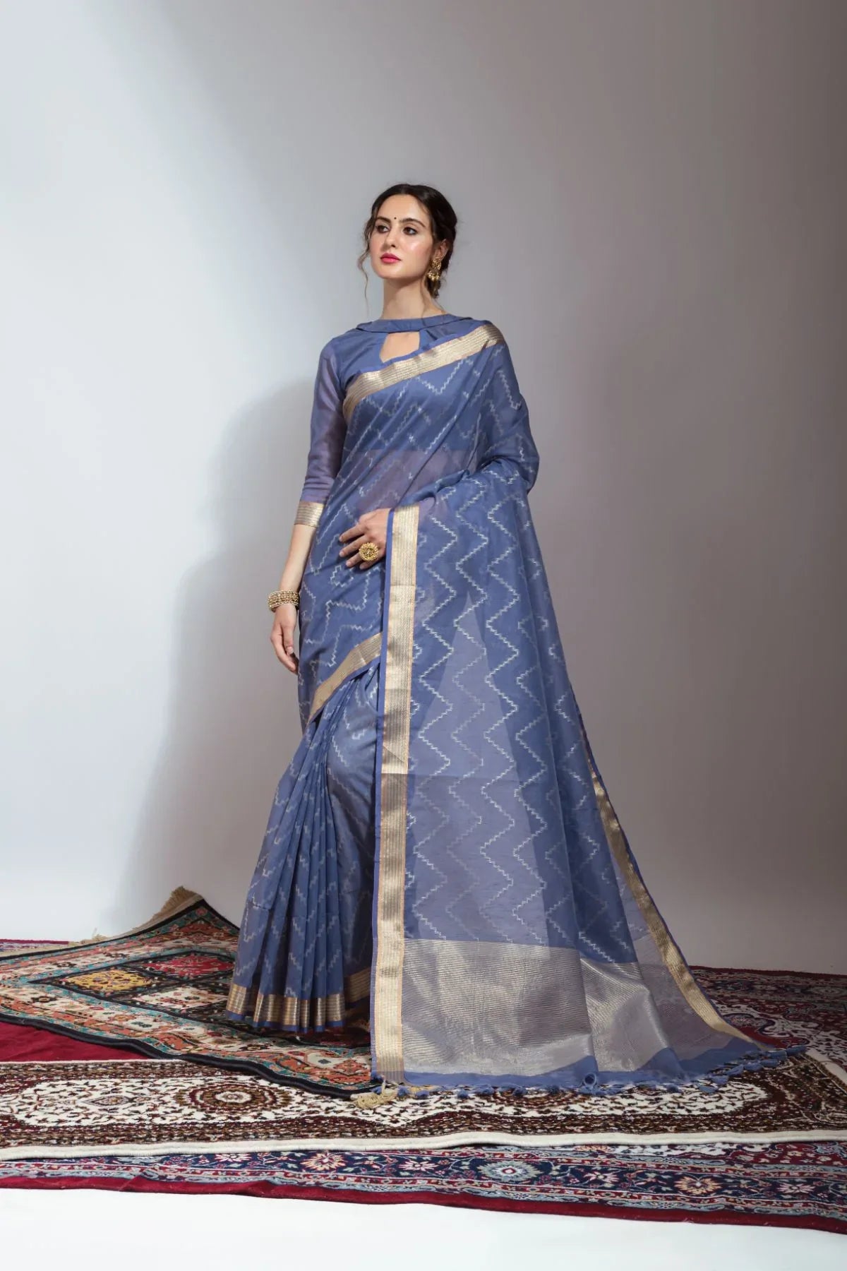 Hoki Blue Zari Woven Linen Silk Saree