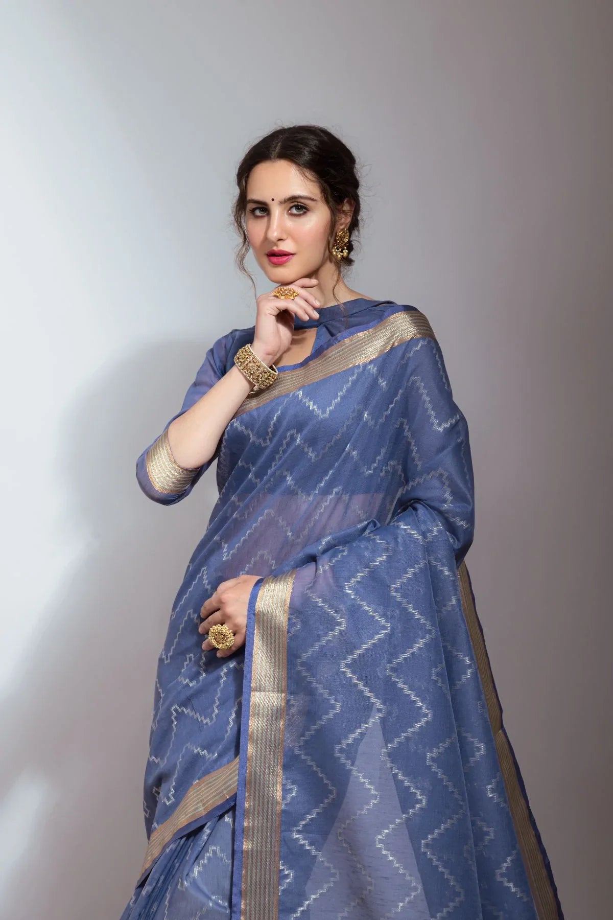 Hoki Blue Zari Woven Linen Silk Saree